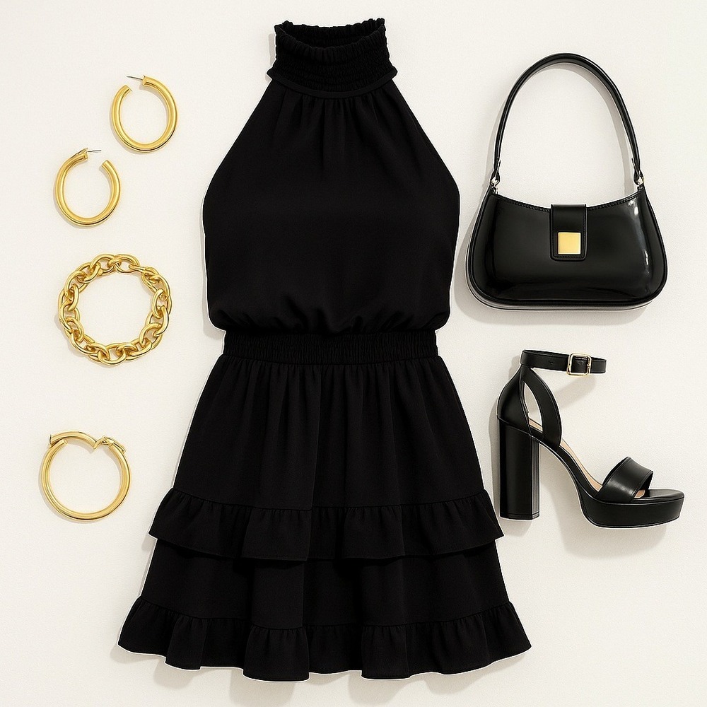 BCBG Paris Black Halter Neck Smocked Waist Tiered‎ Ruffle Mini Dress XS